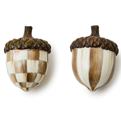 Mackenzie-Childs Decorative Acorns, Resin Acorn Fall Decor for Kitchen and Home, Set of 2, Brown-And-White Mocha Check