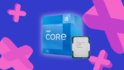 Intel Core i5-12400F box and CPU with GamesRadar+ backdrop in blue and pink