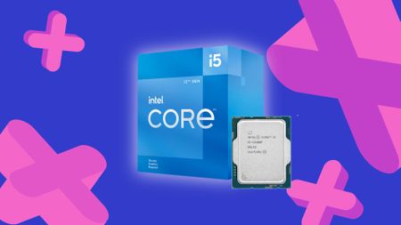 Intel Core i5-12400F box and CPU with GamesRadar+ backdrop in blue and pink