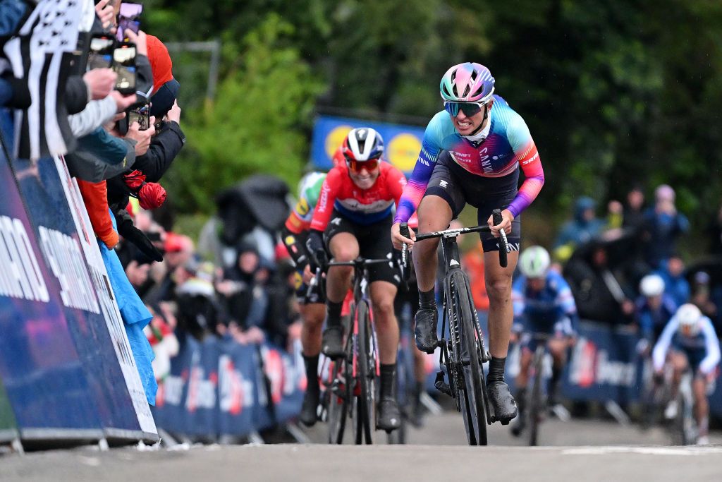 HUY BELGIUM APRIL 17 Race winner Katarzyna Niewiadoma of Poland and Team CanyonSRAM Racing attacks during the 27th La Fleche Wallonne Feminine 2024 a 146km one day race from Huy to Huy UCIWWT on April 17 2024 in Huy Belgium Photo by Dario BelingheriGetty Images