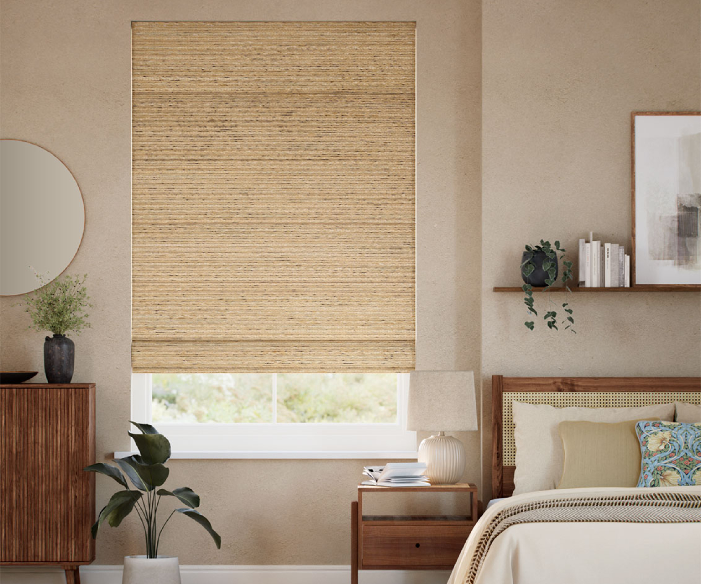 pale bamboo blind at bedroom window