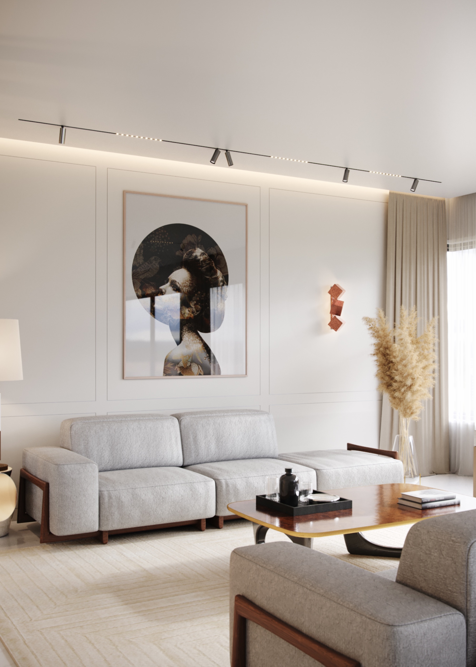 white living room with grey sofa and wall wash lighting. There is also a large piece of art hanging above the sofa