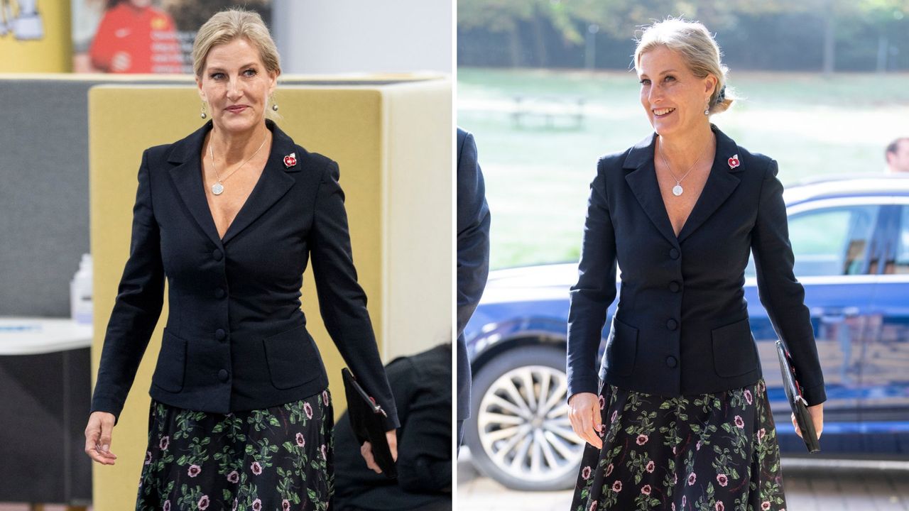 Composite of two pictures of Duchess Sophie wearing a floral maxi skirt, blazer and boots during a visit to the Buddy Dogs Family Event