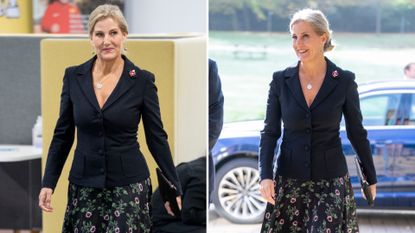 Composite of two pictures of Duchess Sophie wearing a floral maxi skirt, blazer and boots during a visit to the Buddy Dogs Family Event