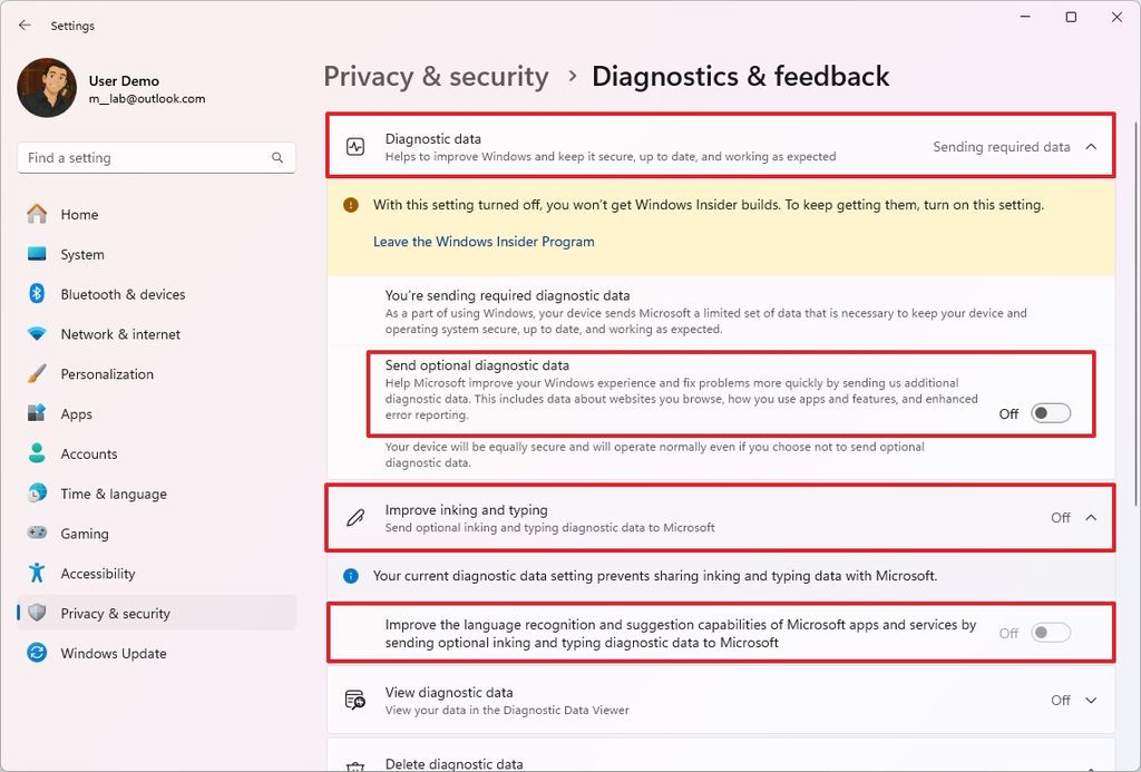 Disable Send optional diagnostic data
