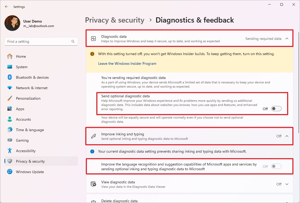 Disable Send optional diagnostic data