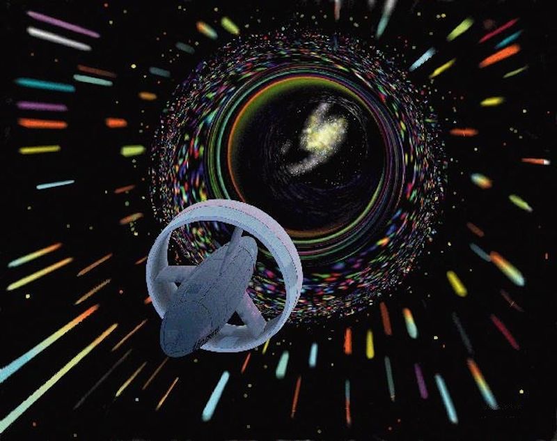 An artist&#039;s interpretation of utilizing a wormhole to travel through space.