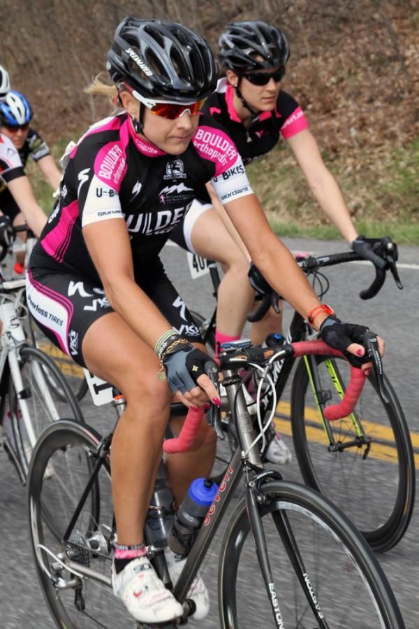 Anne Donley current Colorado road state champ. (Boulder Orthopedic) is tucked away waiting for a chance to punch it in