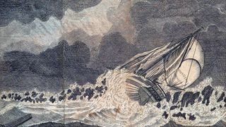 A painting of a slave ships as it sinks during a storm.