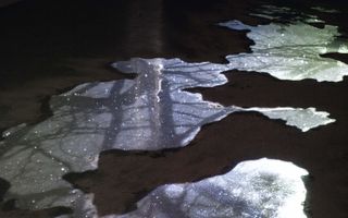 Pools, A Stream installation by Irakli Sabekia showing puddles of oil on sand