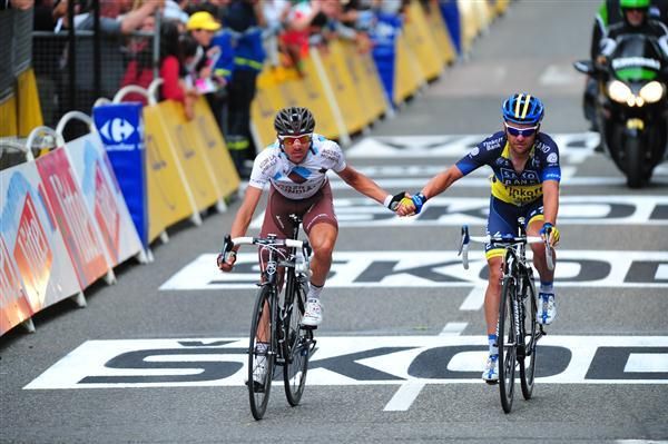 S&eacute;bastien Minard and Sergio Paulinho cross the line together at the end of stage 14 at the 2012 Tour de France