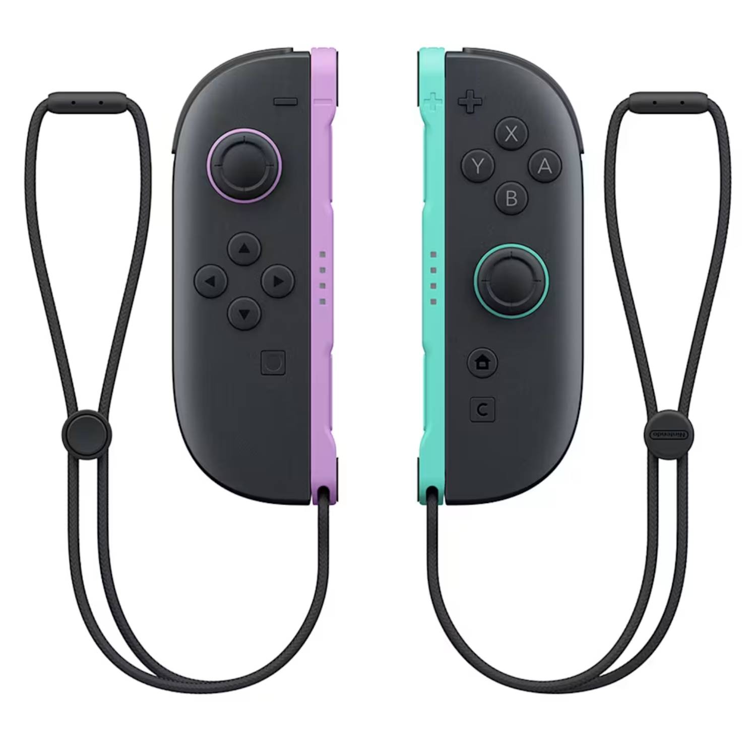 Image of a pair of Switch 2 Joy-Con controllers with light purple and light green colors on the sticks and straps.