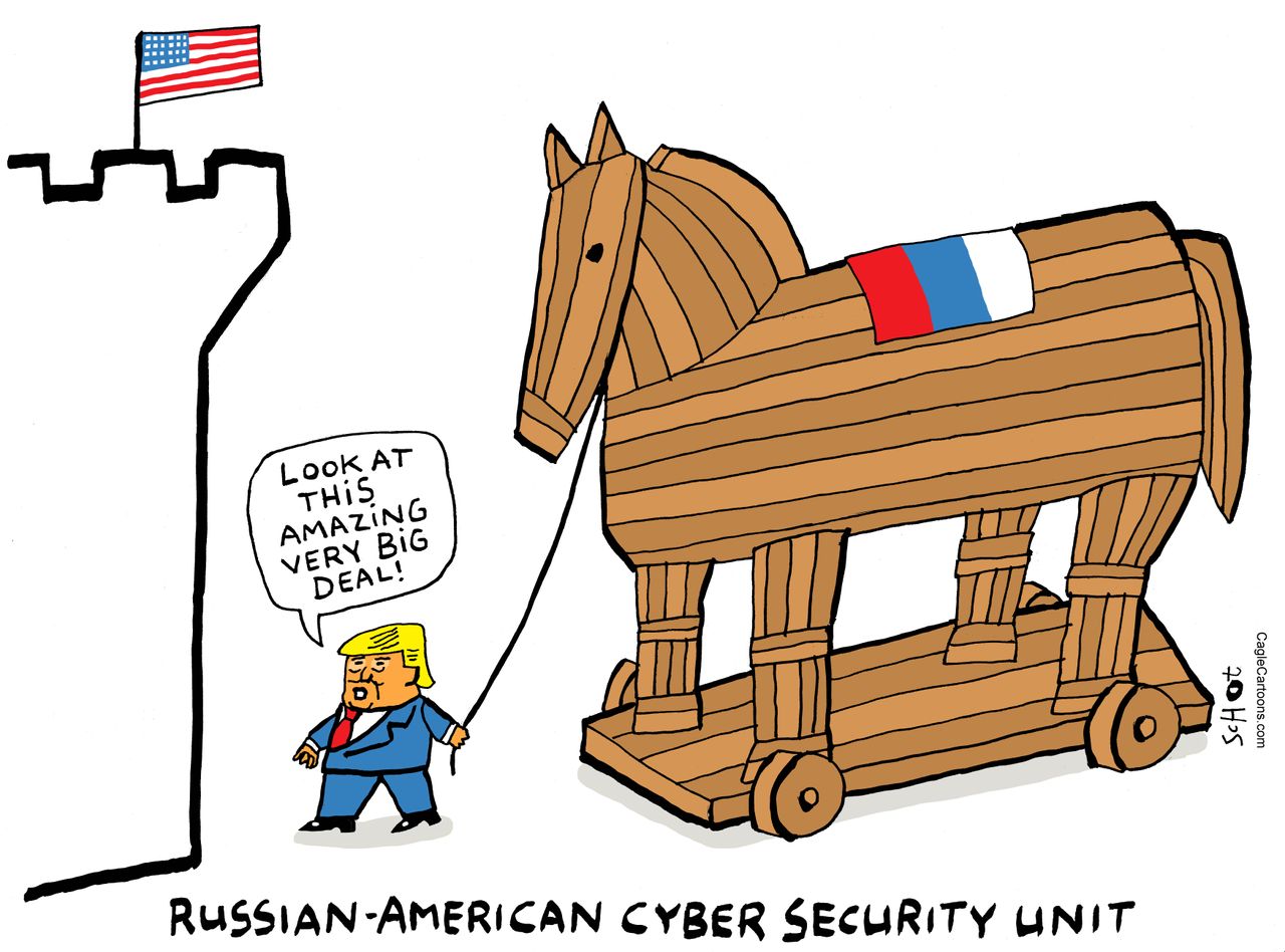 Political cartoon U.S. G20 summit Trump Russian collusion cybersecurity deal Trojan horse