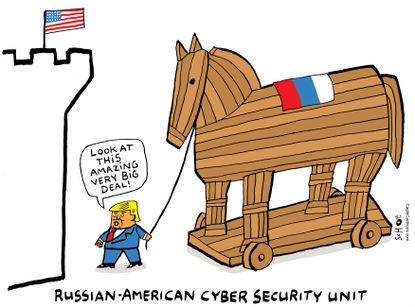 Political cartoon U.S. G20 summit Trump Russian collusion cybersecurity deal Trojan horse