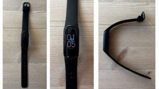 Three different angles of a black Fitbit Luxe, as tested by us