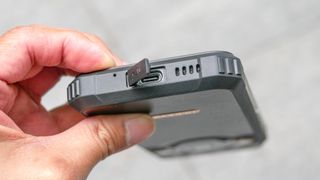 Closeup of USB-C cover on the Blackview BL9000 Pro.