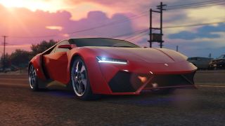 Grand Theft Auto V screenshot showing a red sports car