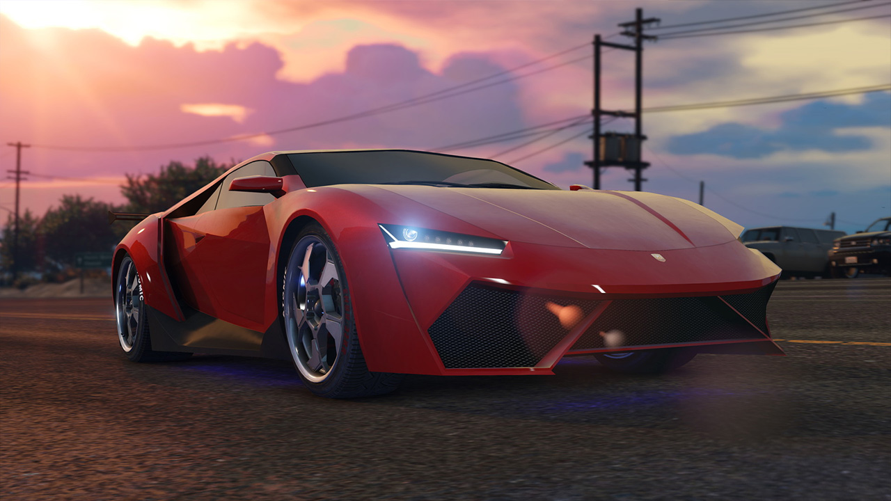 Screenshot von Grand Theft Auto V, der einen roten Sportwagen zeigt