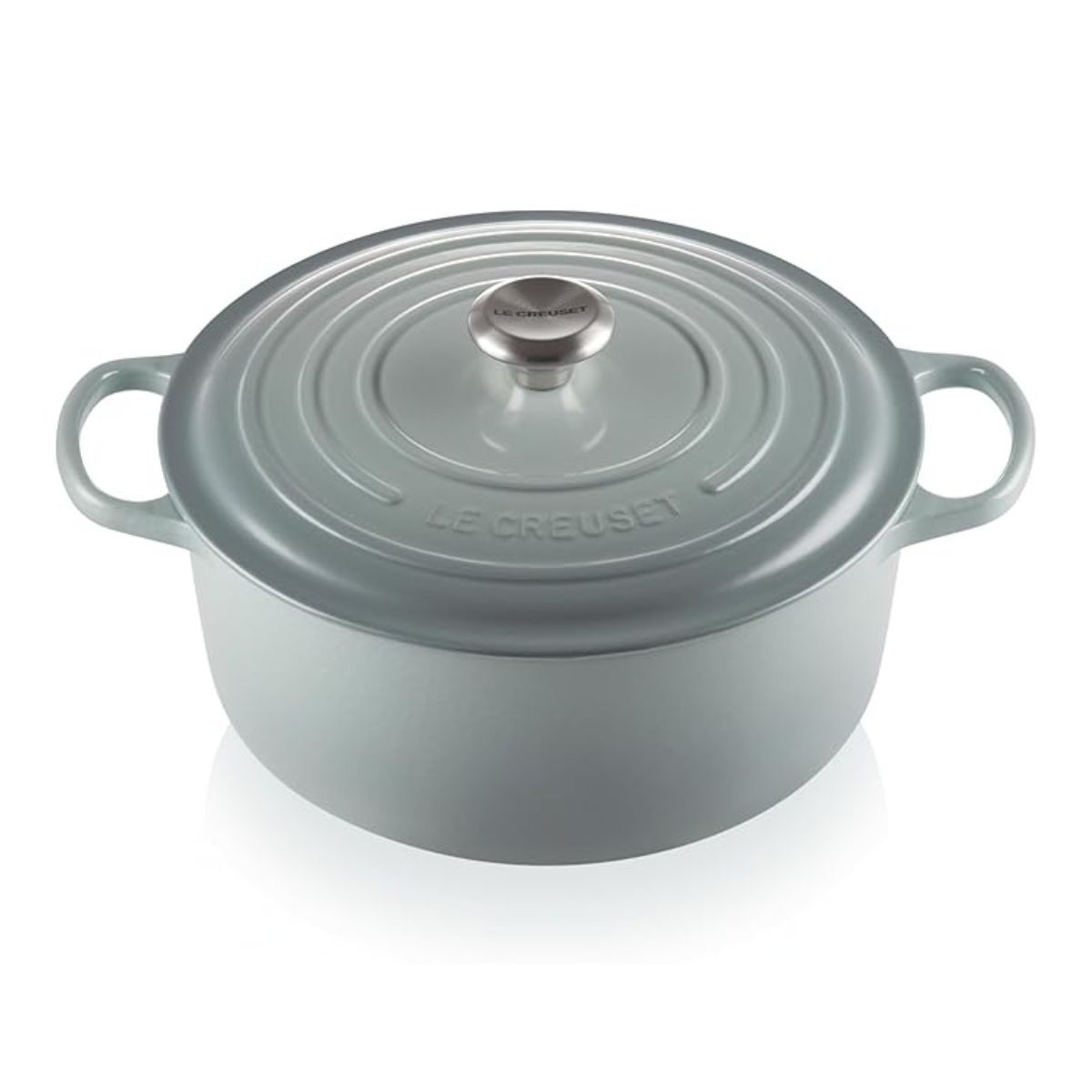 A grey Le Creuset pot