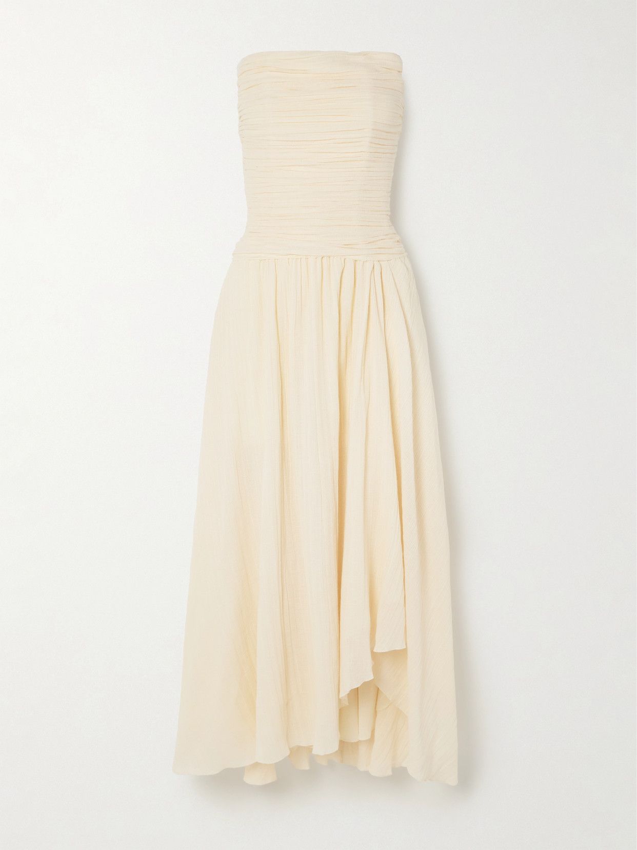 Hightide Strapless Asymmetric Gathered Cotton and Ramie-Blend Maxi Dress