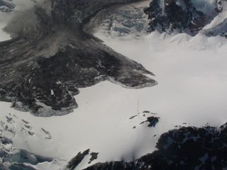 A rockfall in Aoraki Mount Cook National Park nearly hit a hiker's hut on the Grand Plateau. The hut is the tiny brown rectangle in the lower right.