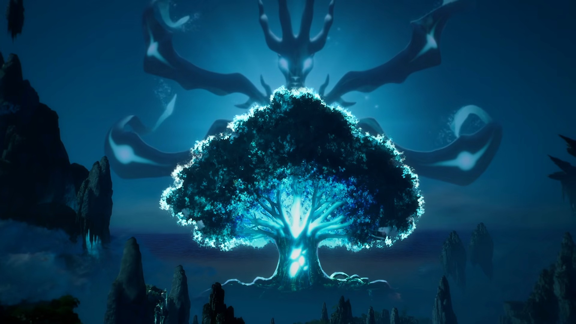 A glowing tree in Palworld with a bright blue creature illuminated behind it