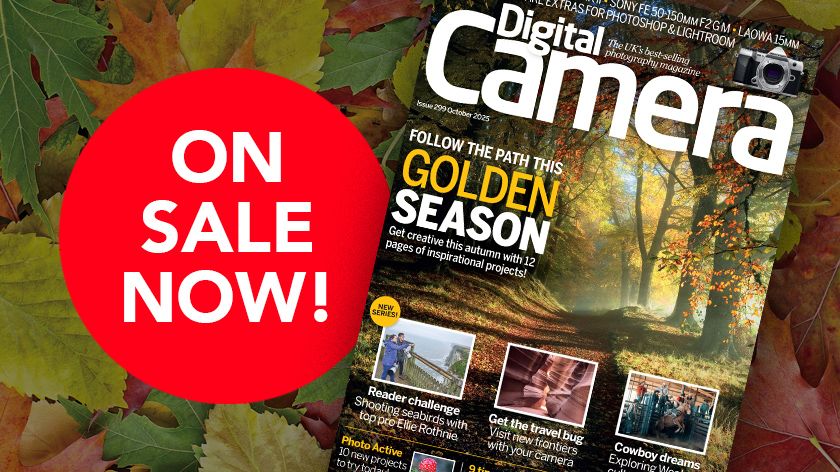 Front cover of issue 299 (October 2025) of Digital Camera magazine and a red blob that reads &#039;On sale now!&#039;