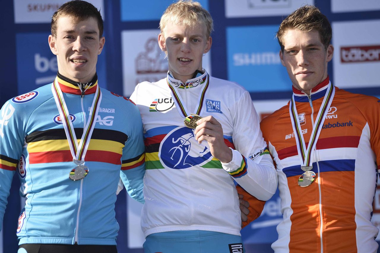 Michael Vanthourenhout (Belgium) flanked by Laurens Sweeck and Stan Godrie (Netherlands) at the Cyclo-cross Worlds in Tabor.