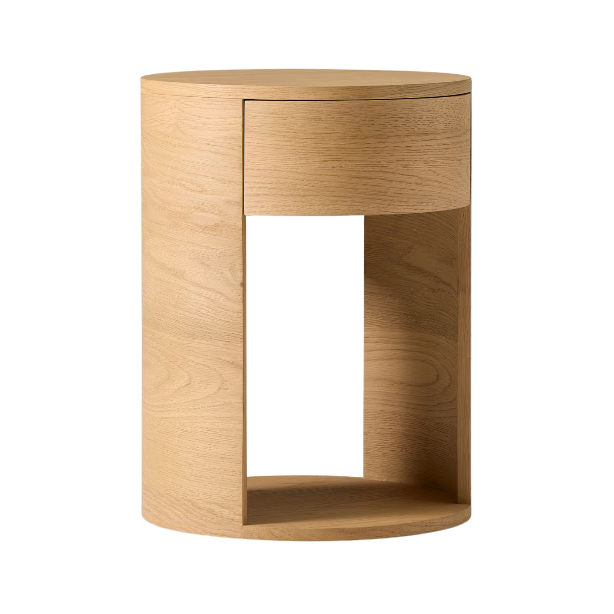 a cylindrical wooden side table with an open base and a drawer at the top 