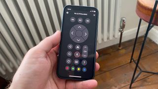 The Sky Q remote control screen on the Sky Go app on an Apple iPhone 12 Mini.