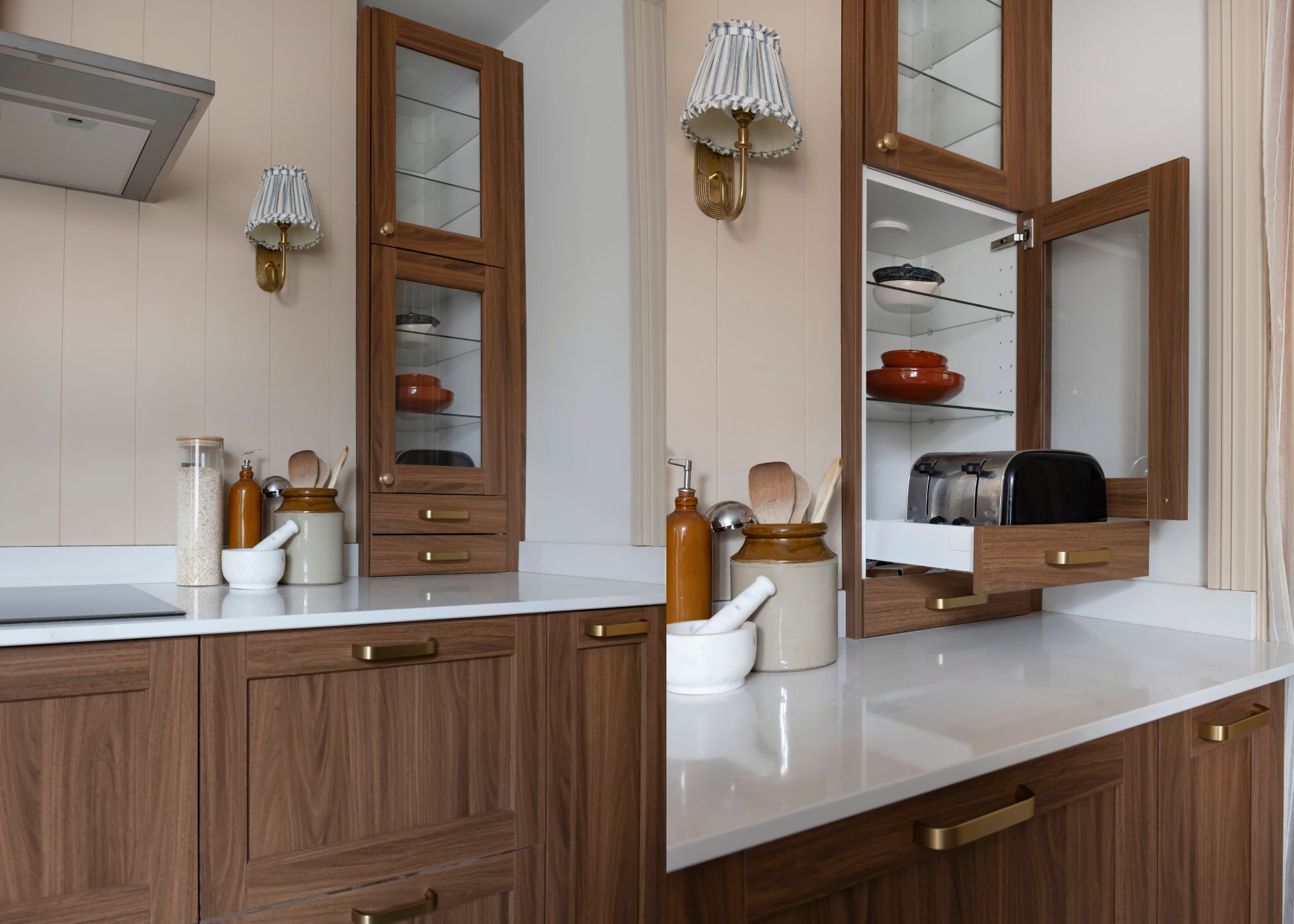 A kitchen with a hidden appliance garage in a glass fronted cabinet