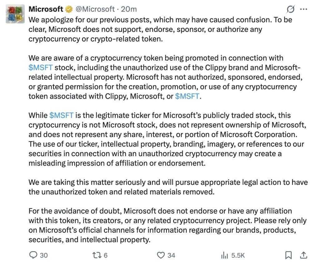 An X post by Microsoft discussing a cryptocurrency scam that centered around Clippy.