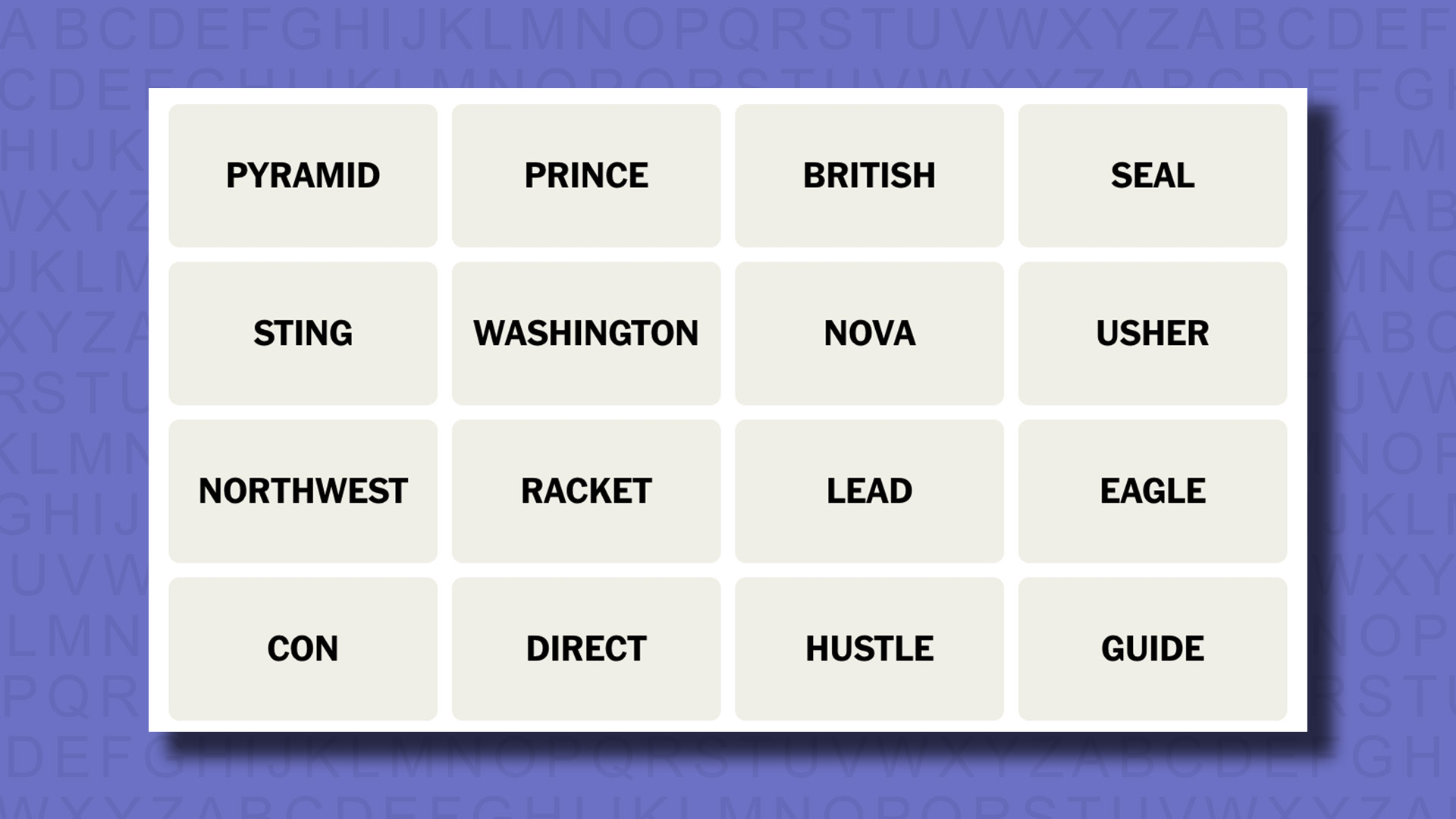 NYT Connections words for game 386 on a purple background