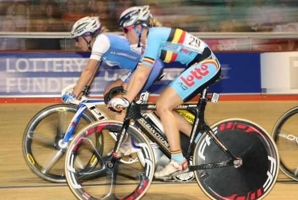 Kelly Druyts of Belgium surveys the situation during the women's points race.