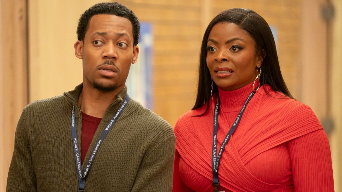 From left to right: Tyler James Williams looking scared and Janelle James looking stressed in Abbott Elementary.