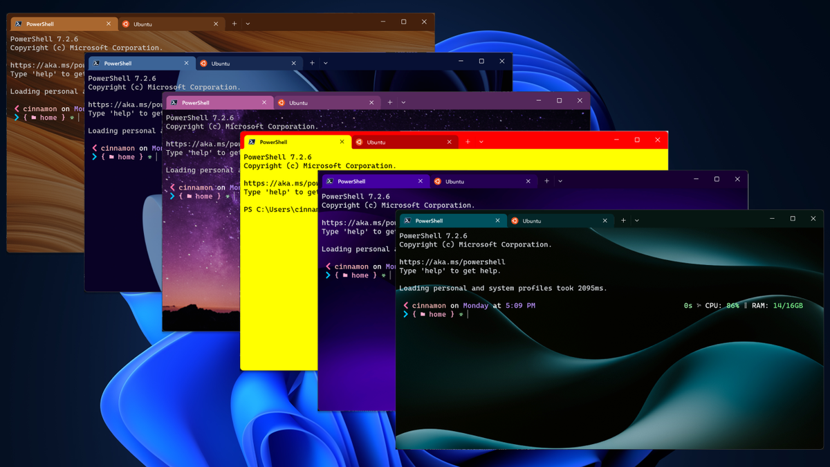 Windows Terminal windows laid over each other, each with different custom themes