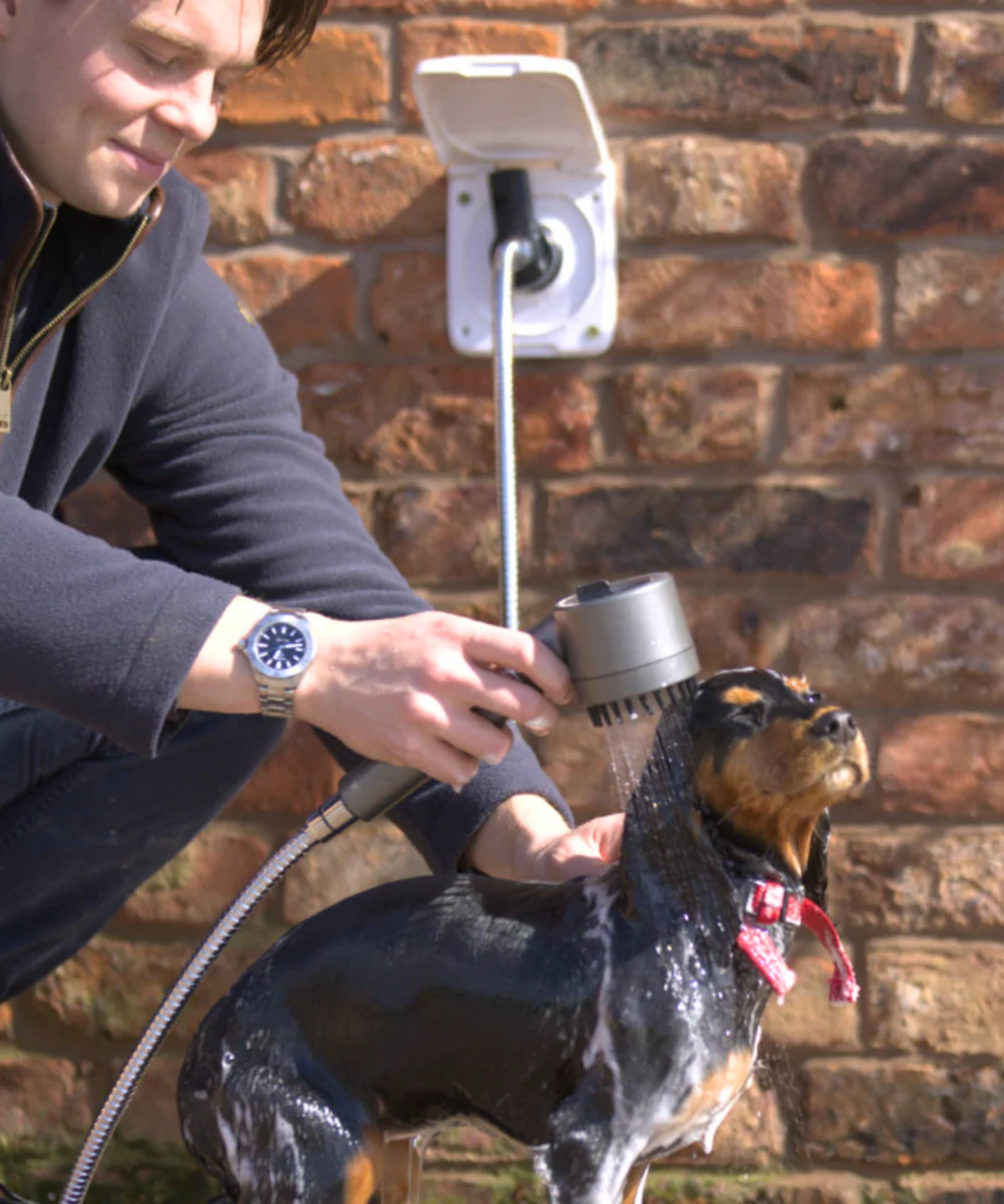 small dog being showered outside by male using shower head connected to tap and outlet on wall of brick house