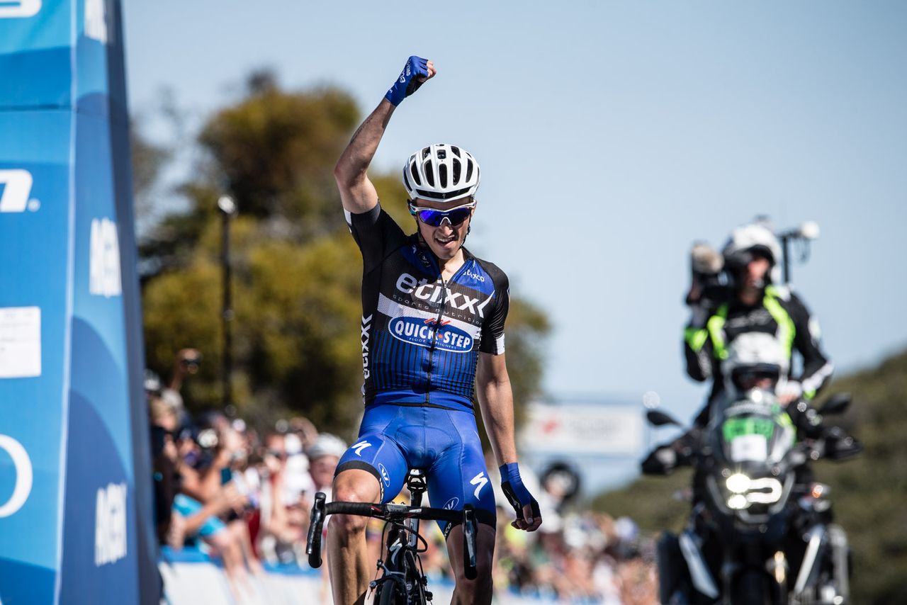 Julian Alaphilippe celebrates the stage win
