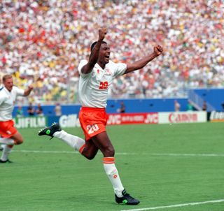 Aron Winter celebrates a goal for the Netherlands against Brazil at the 1994 World Cup.
