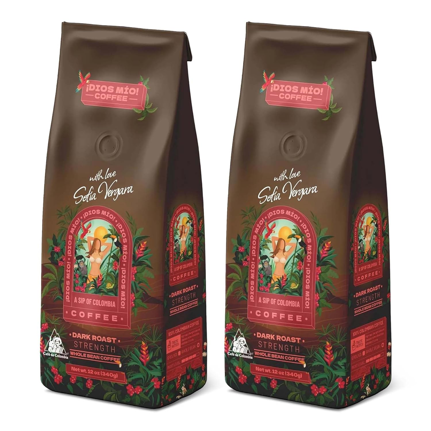 Dios Mio Coffee by Sofia Vergara, Dark Roast, Whole Bean Premium Colombian Coffee, 12 Ounce Bag (pack of 2)
