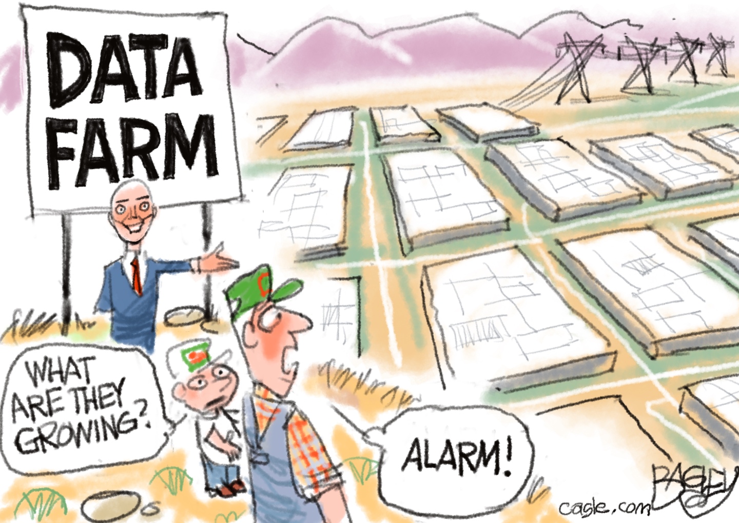 A farmer in overalls and his son look out over a field filled with buildings that connect to power lines. A man in a suit, who looks strangely like a robot, points to the field and is near a large sign that reads &amp;ldquo;Data Farm.&amp;rdquo; The boy asks his dad,&amp;rdquo;What are they growing?&amp;rdquo; The dad responds, &amp;ldquo;Alarm!&amp;rdquo;