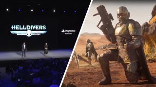 Split image showing the Helldivers movie announcement on the left, and a Helldiver giving a thumbs up on the right.