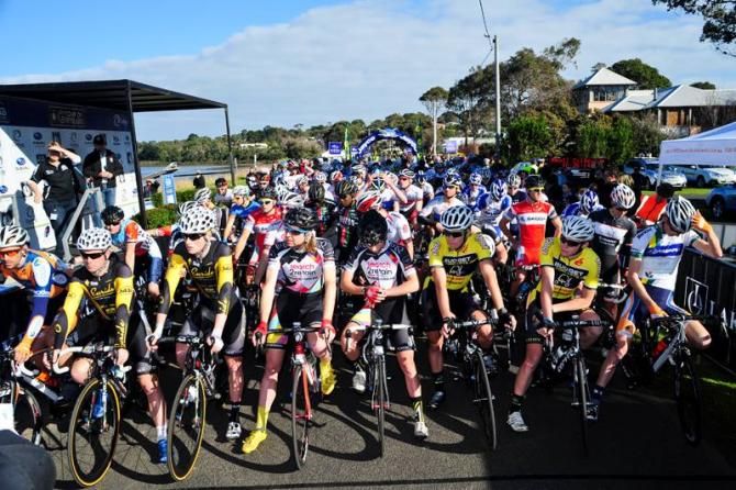 The start line for the opening criterium of the Lakes Oil Tour of Gippsland in Rhyll