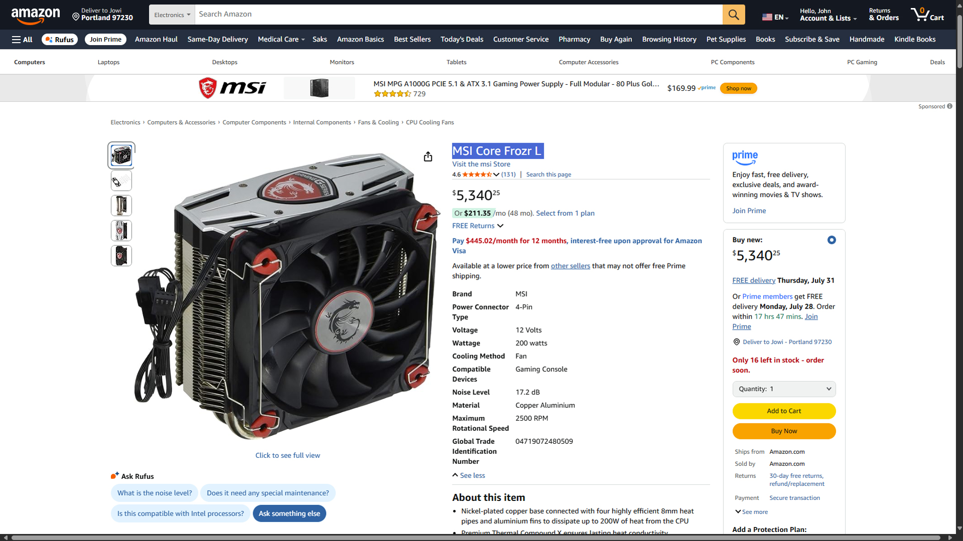 MSI Core Frozr L Amazon listing