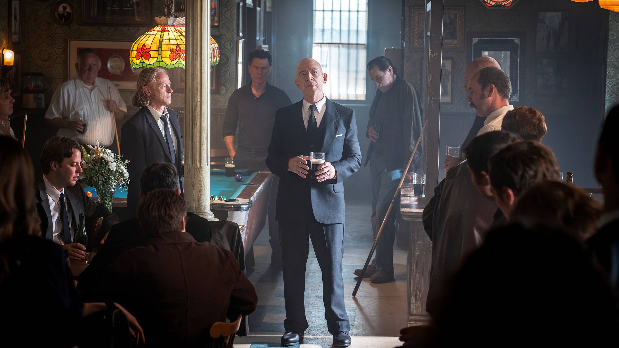 Patrick Garrow as Dukey, Vincent Walsh as Eddie Breen, J.K. Simmons as Eamon Sweeney, Michael Cram as Father Michael, and Tadhg McMahon as Cliffie in "The Westies" on MGM+