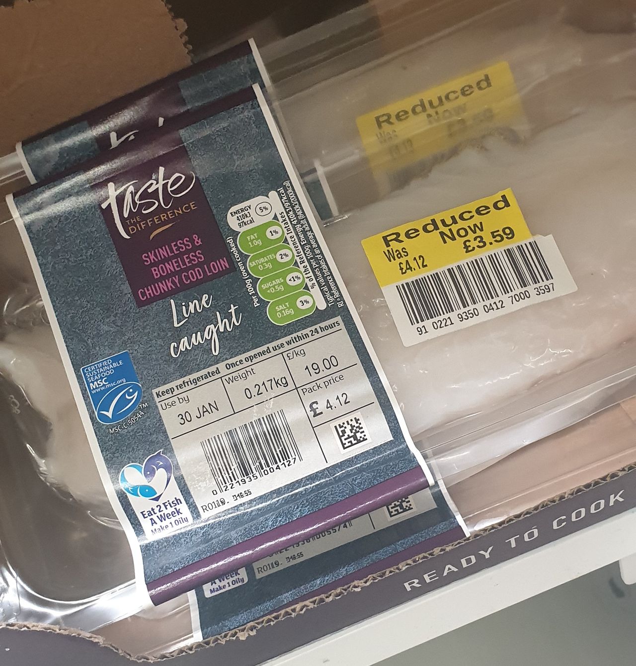 Reduced Skinless and Boneless Chunky Cod Loin.