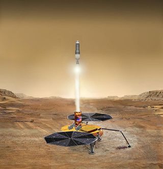 Artist's illustration of a rocket launching samples off the Martian surface, for delivery to Earth.