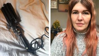 An image of the Anika High Tide Deep Waver on a pink bedspread next to an image of beauty editor Fiona McKim having tested the wand on her long pink hair