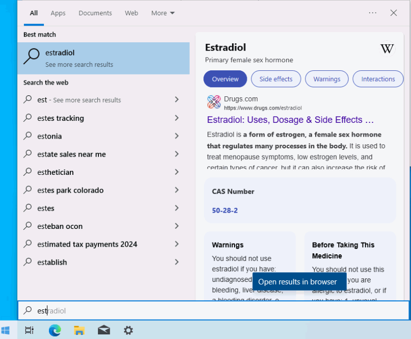 A screenshot of Windows 10 search, showing an internet result for hormones instead of the file I wanted.