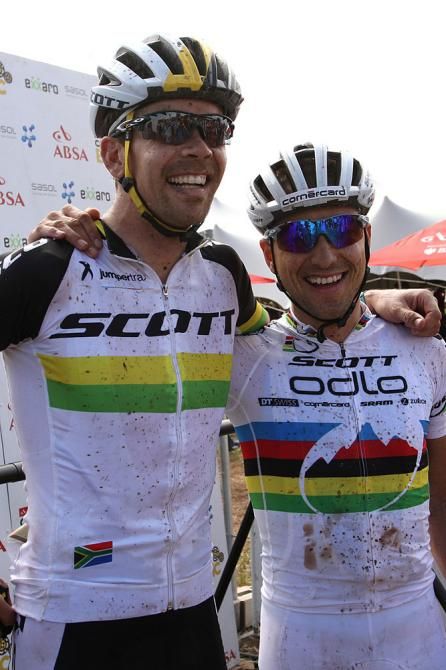 Philip Buys and Nino Schurter of Scott-Odlo MTB Racing after winning the 4th Stage